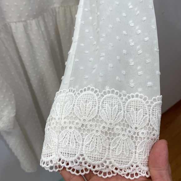 NWOT. I BLUES White dress with long sleeve embroidery Clip Dot Chiffon - Picture 8 of 16